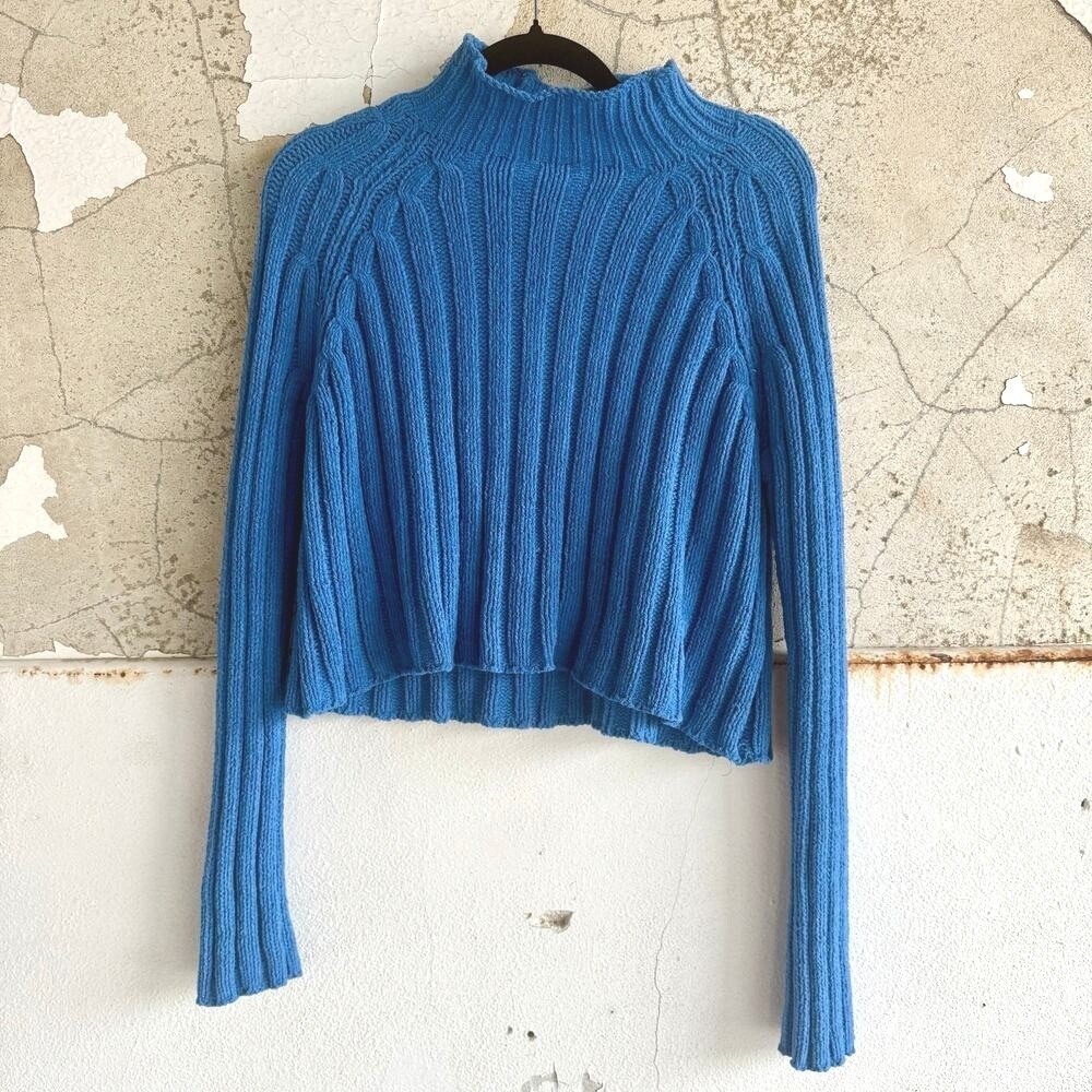 American Eagle Sweater Cropped Pullover Blue Ribbed Knit Mock Neck Top Womens S‎